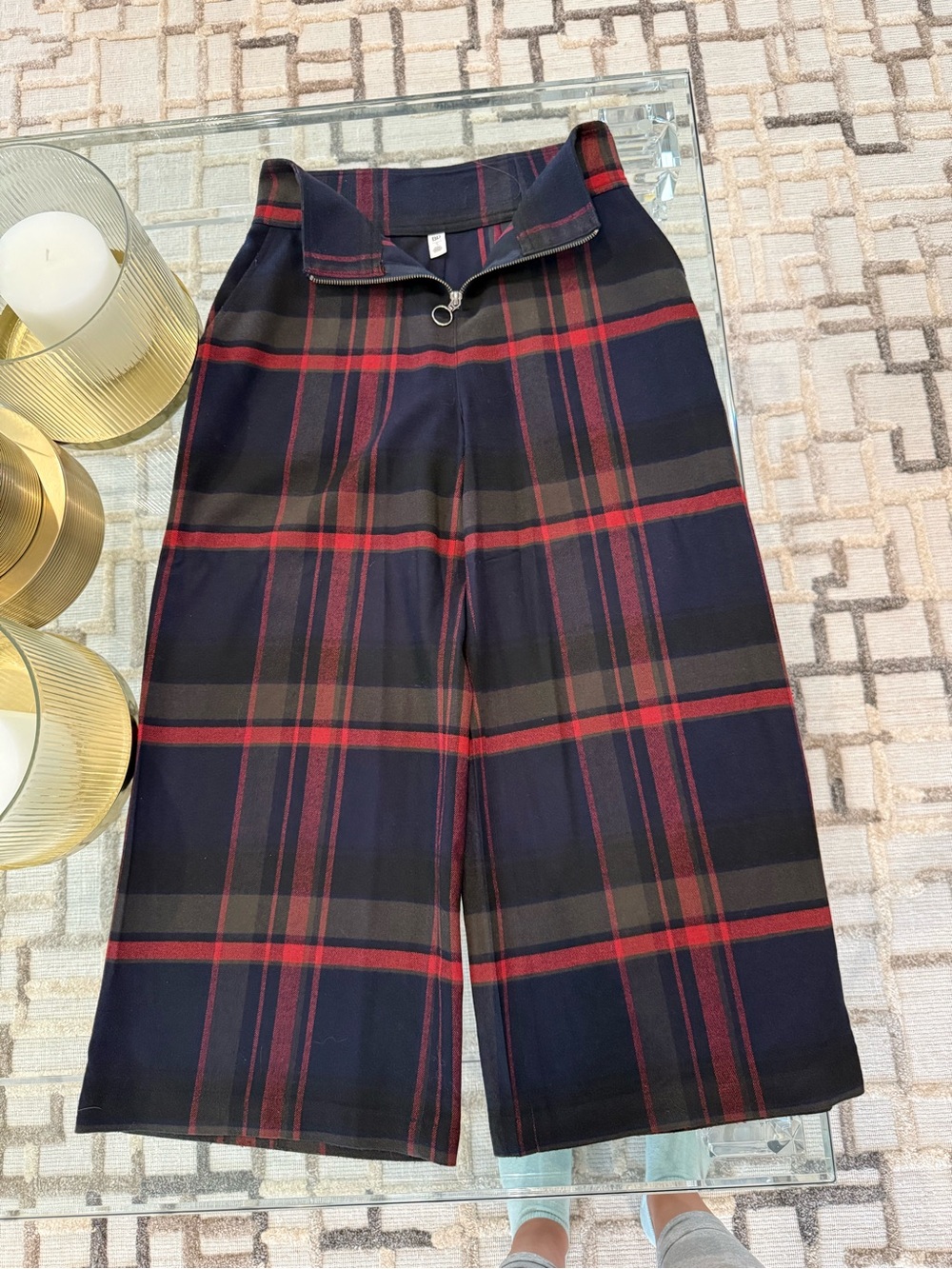 Navy and Red Plaid high waisted Wide-Leg Cropped Pants
